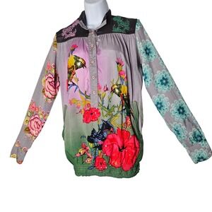 Desigual Colorful Bird Floral Print Button Up Shirt Blouse Bohemian Women XS